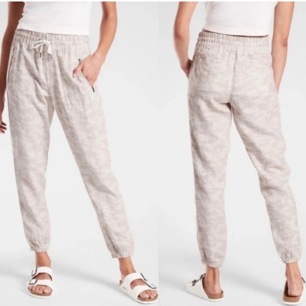 Athleta Cabo Tide Linen Jogger Pants Womens Size 8 Beige Camo